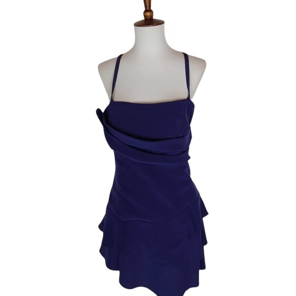 Pinko Navy Blue Square Neck Ruched Ruffle Hem Cocktail Mini Dress Small NWT - Picture 2 of 9